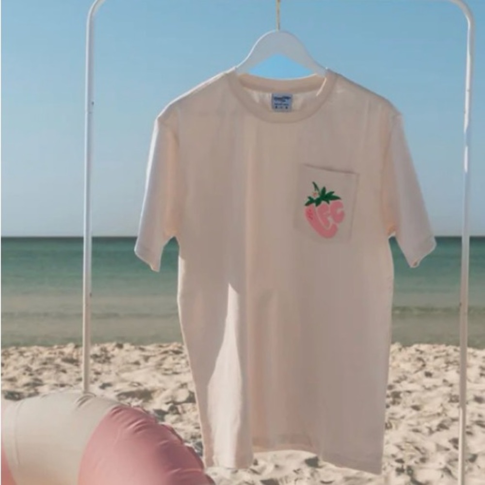 Cream Pocket Tee with Pink Strawberry Graphic